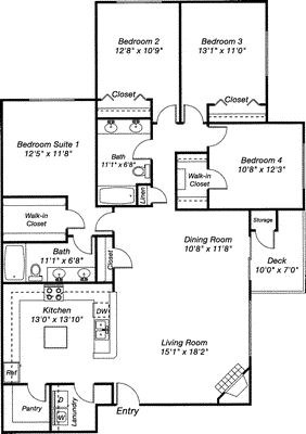Floor plan for 4 beds, 2 baths, 1768 sqft